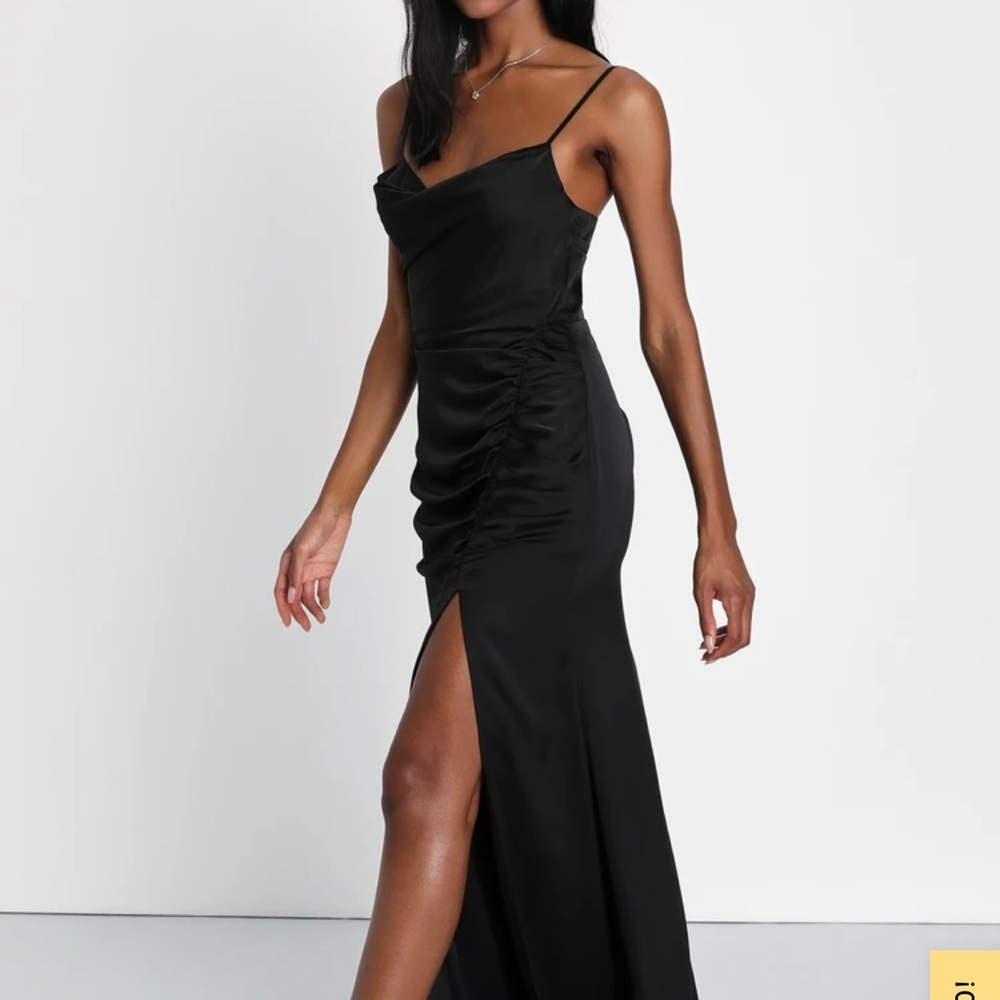 Lulu’s Moonlit Sensation Black Satin Ruched Cutout Maxi Dress